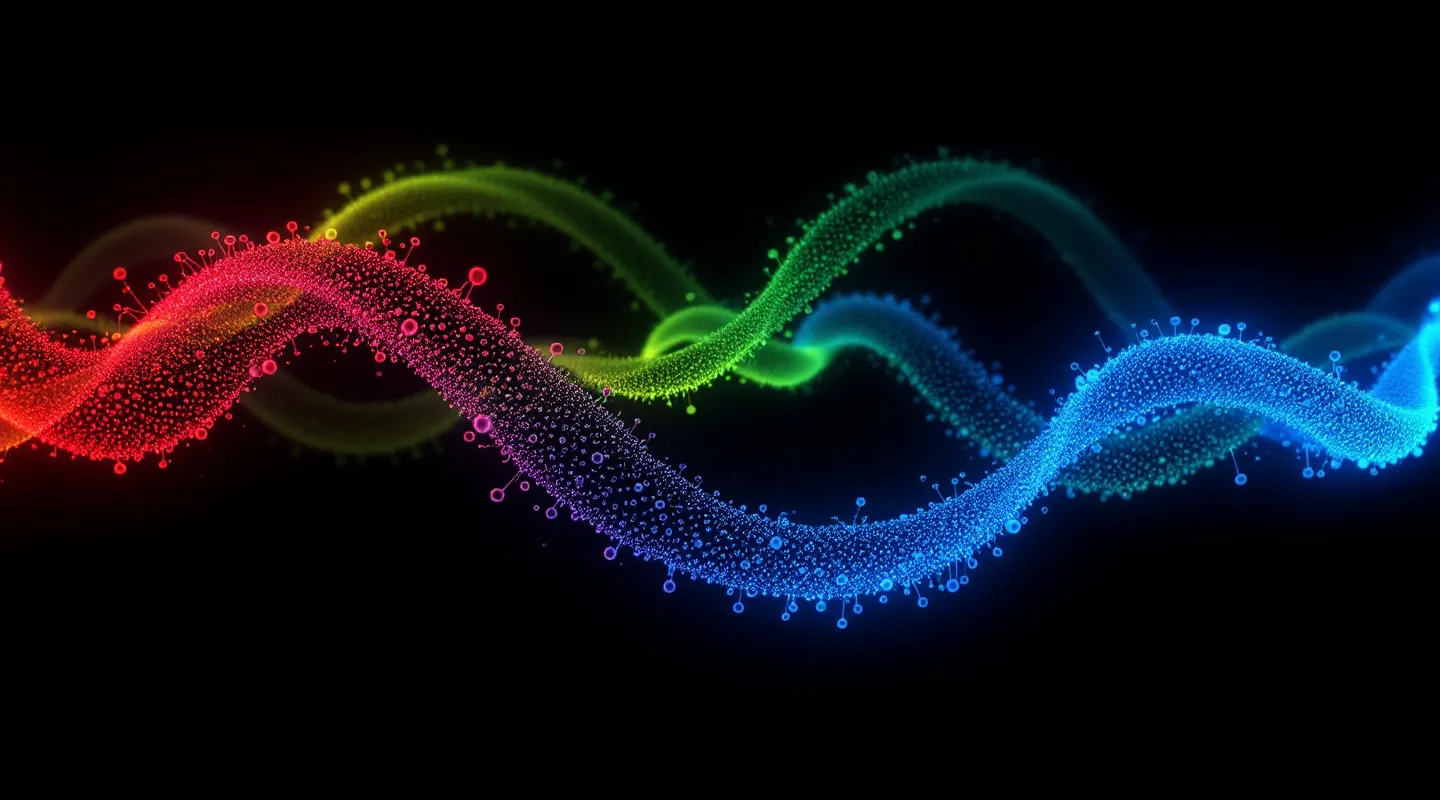 Lo-fi chromatic-split rendering of three identical abstract peptide chains offset in red, green, and blue on near-black